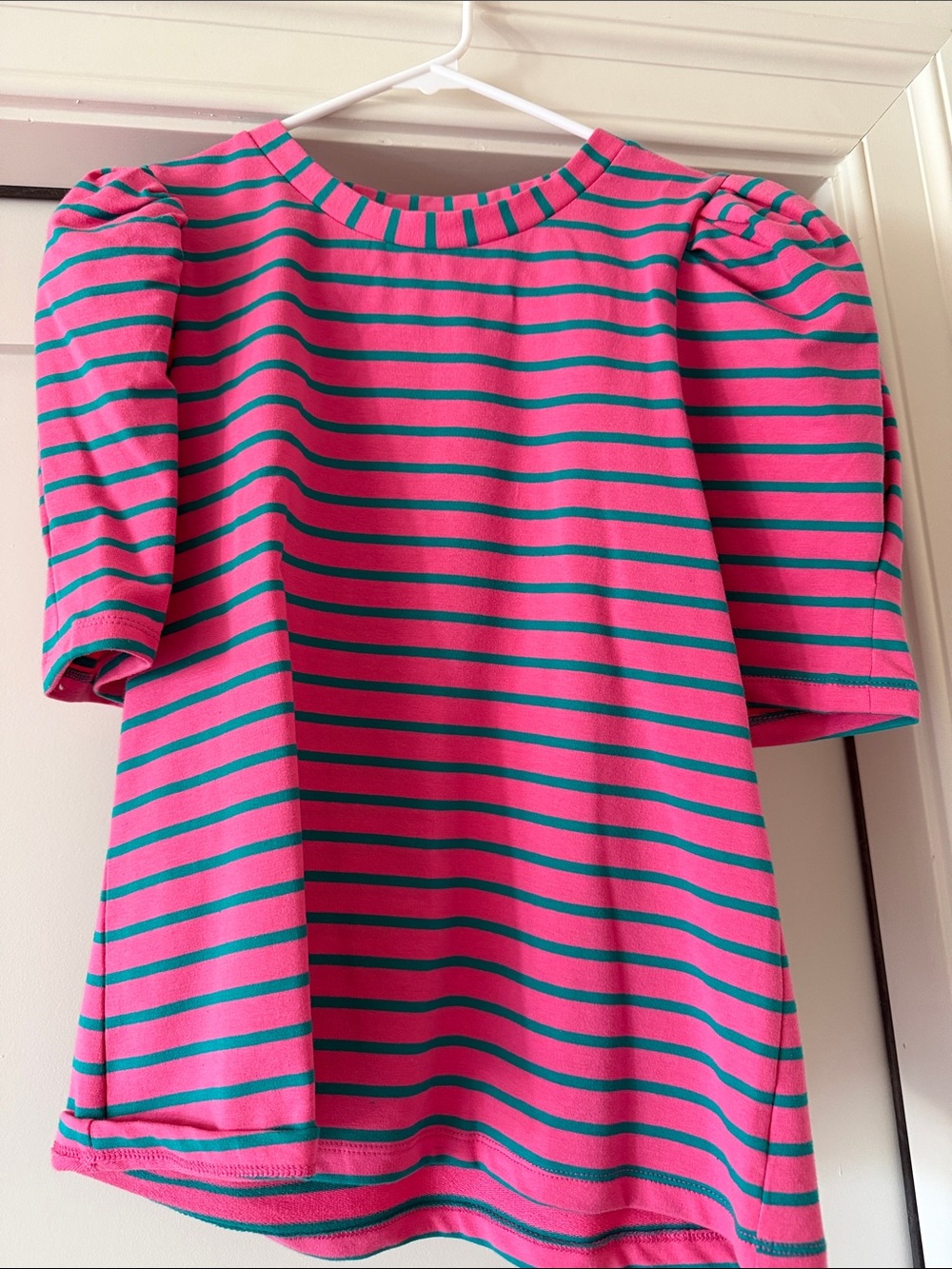 English Factory Pink and Teal Striped Puff Sleeve Top